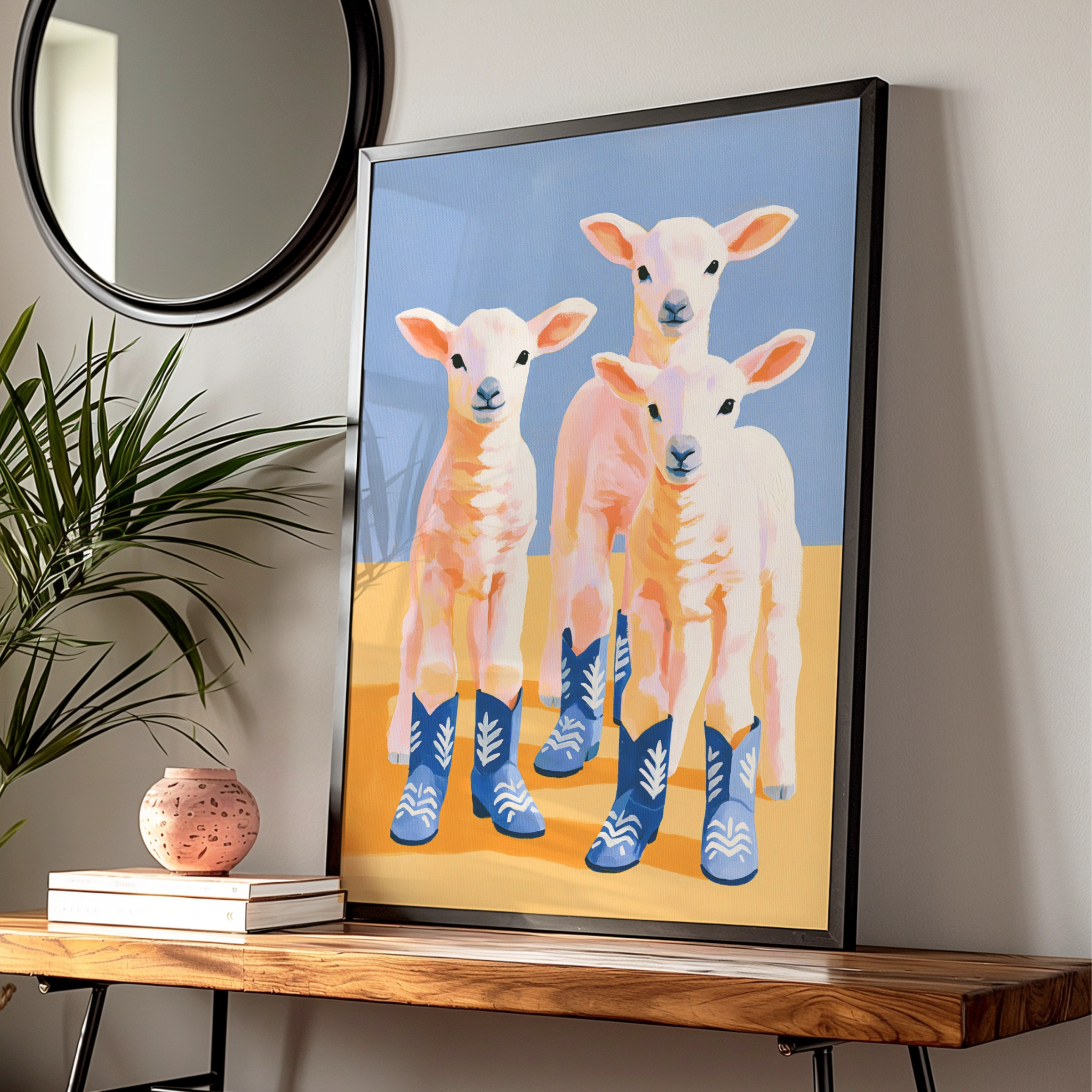 Lambs in Cowboy Boots Poster, Funny Sheep Wall Art, Quirky Animal Print