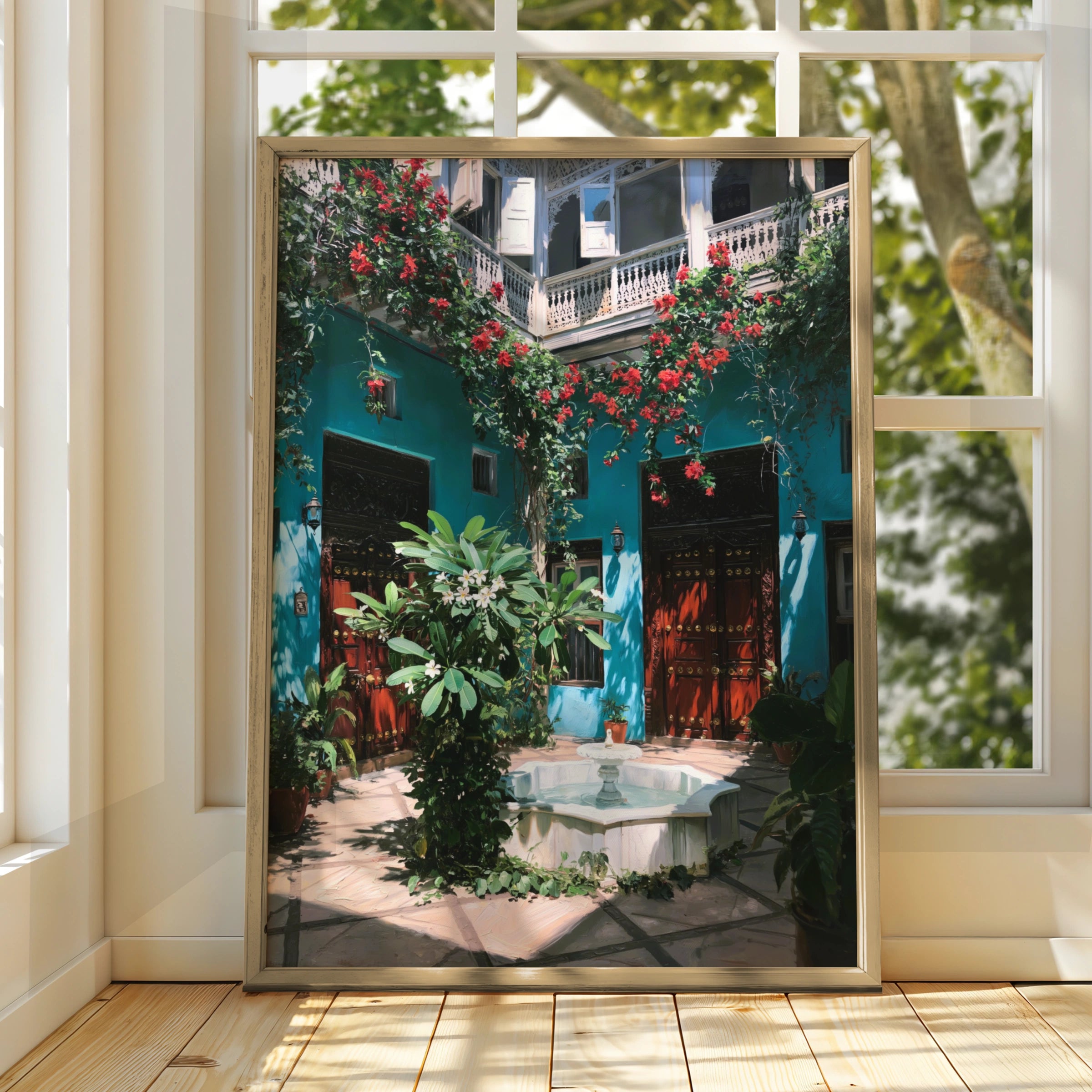Zanzibar Courtyard Poster, Teal Riad Fountain Wall Art, Tropical Floral Print