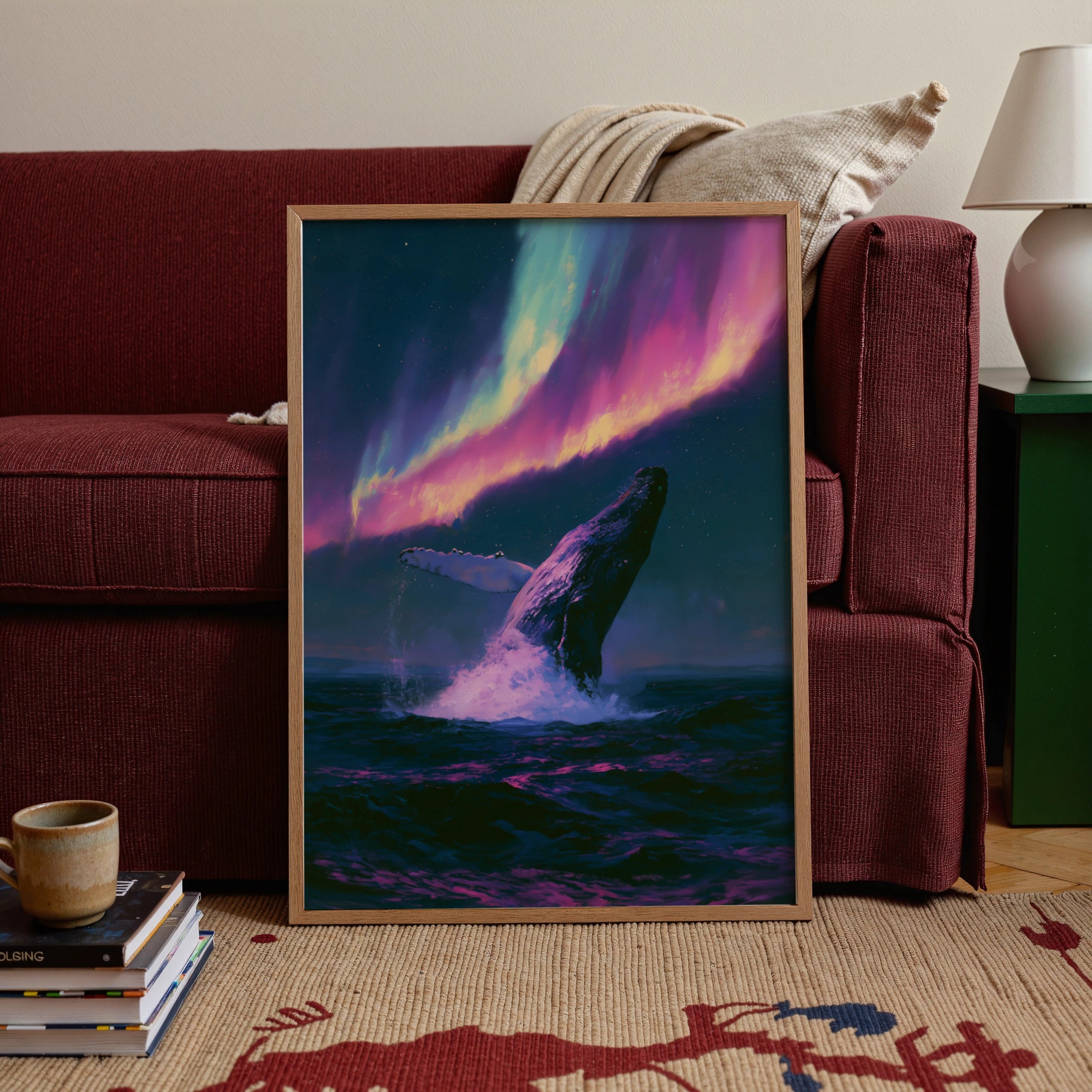 Whale Aurora Borealis Poster, Humpback Breaching Northern Lights Art Print
