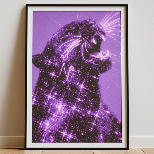 Black Panther Star Purple Poster, Glitter Big Cat Wall Art, Bold Maximalist Print
