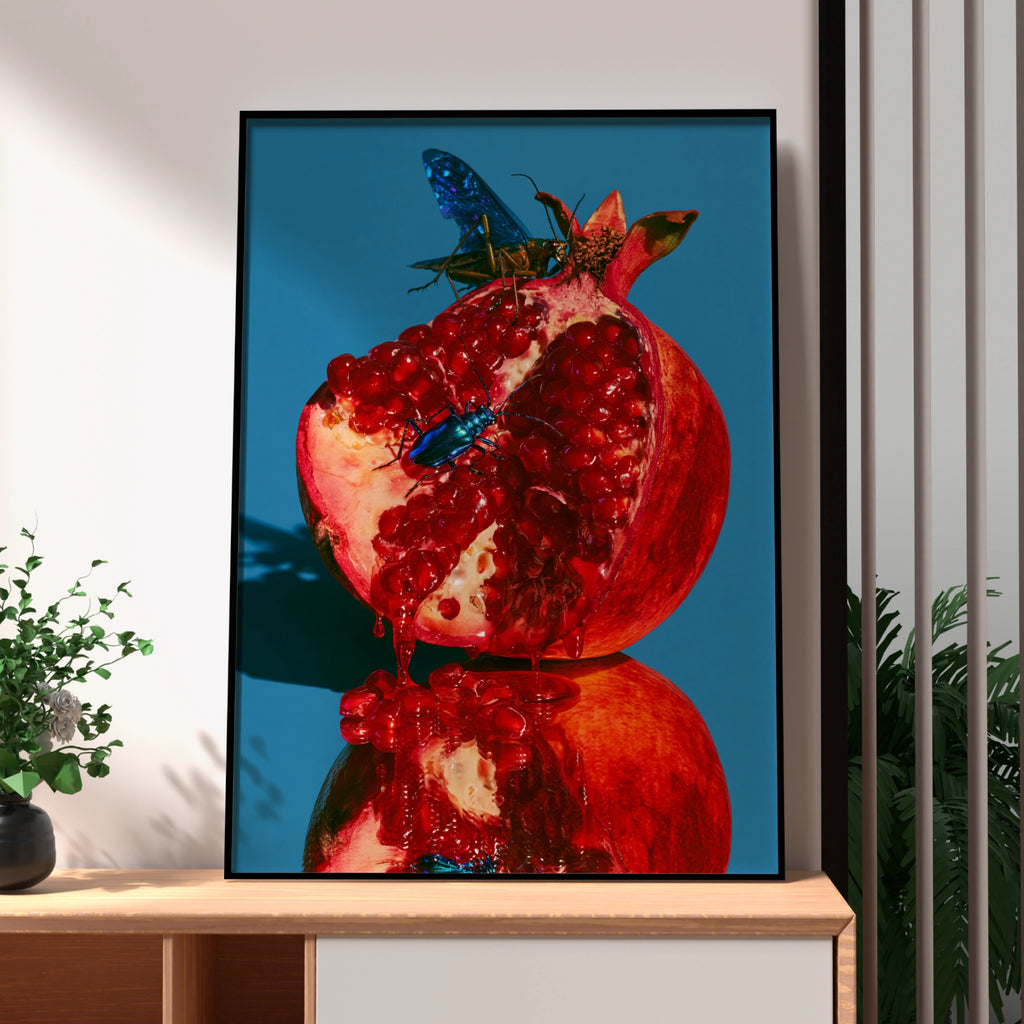 Pomegranate Beetles Wall Art Poster, Bold Red Blue Nature Print