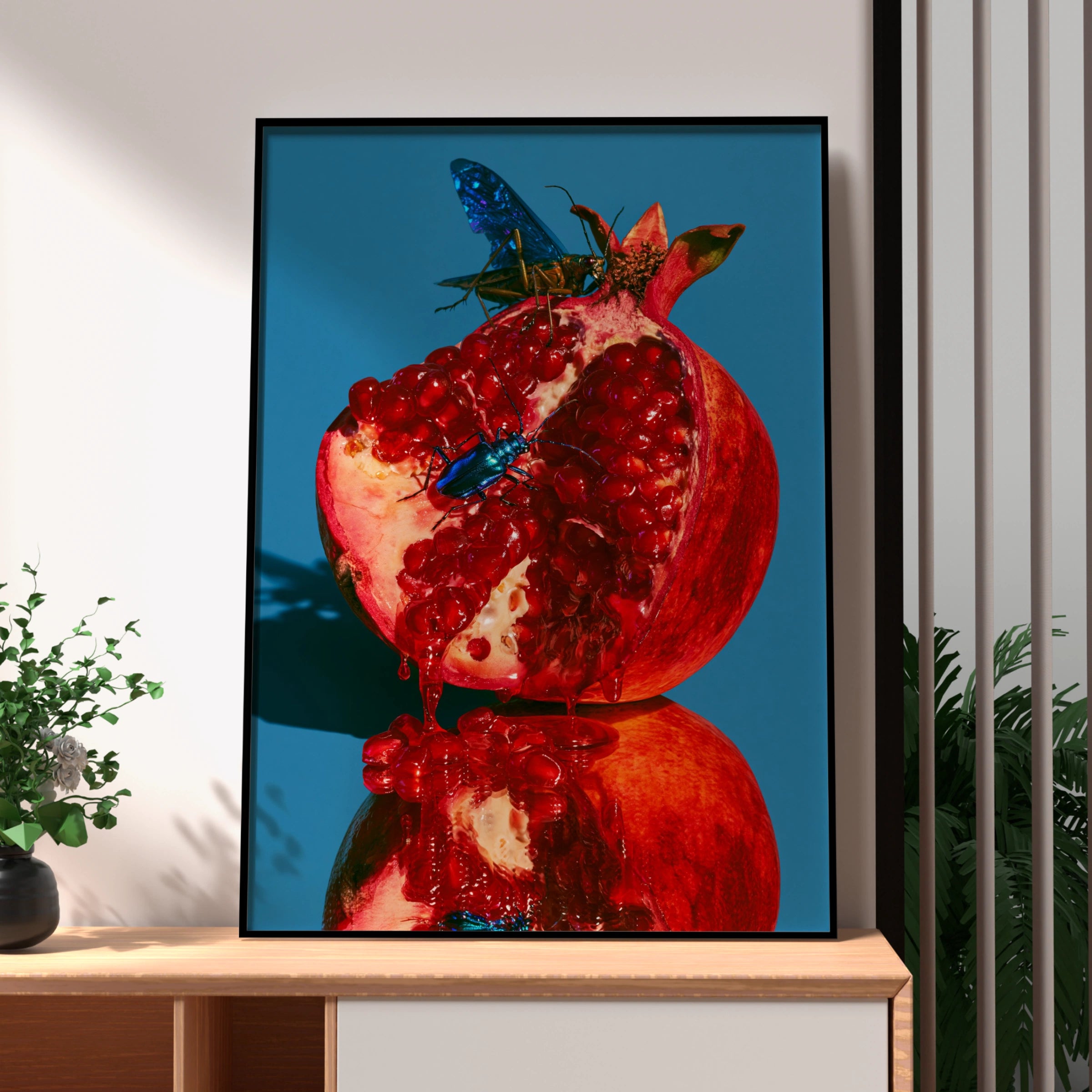 Pomegranate Beetles Wall Art Poster, Bold Red Blue Nature Print