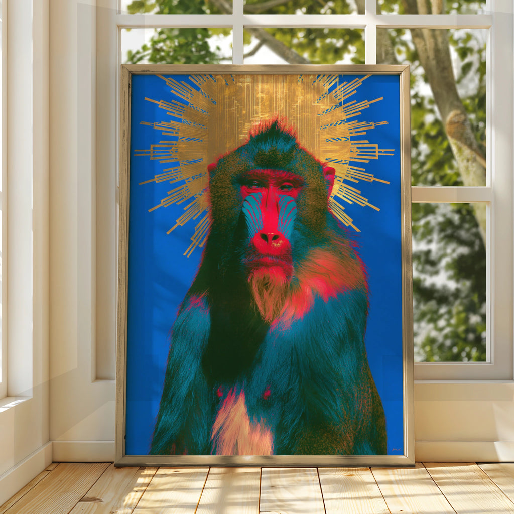 Baboon Sun Halo Poster, Bold Blue Gold Mandrill Wall Art, Pop Art Print