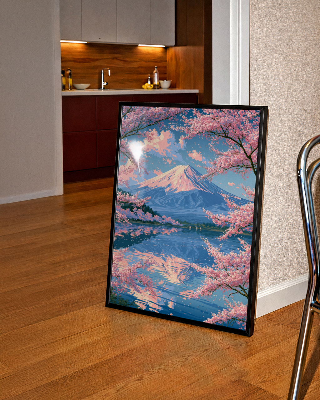 Mount Fuji Cherry Blossom Poster, Japan Lake Reflection Wall Art, Sakura Print
