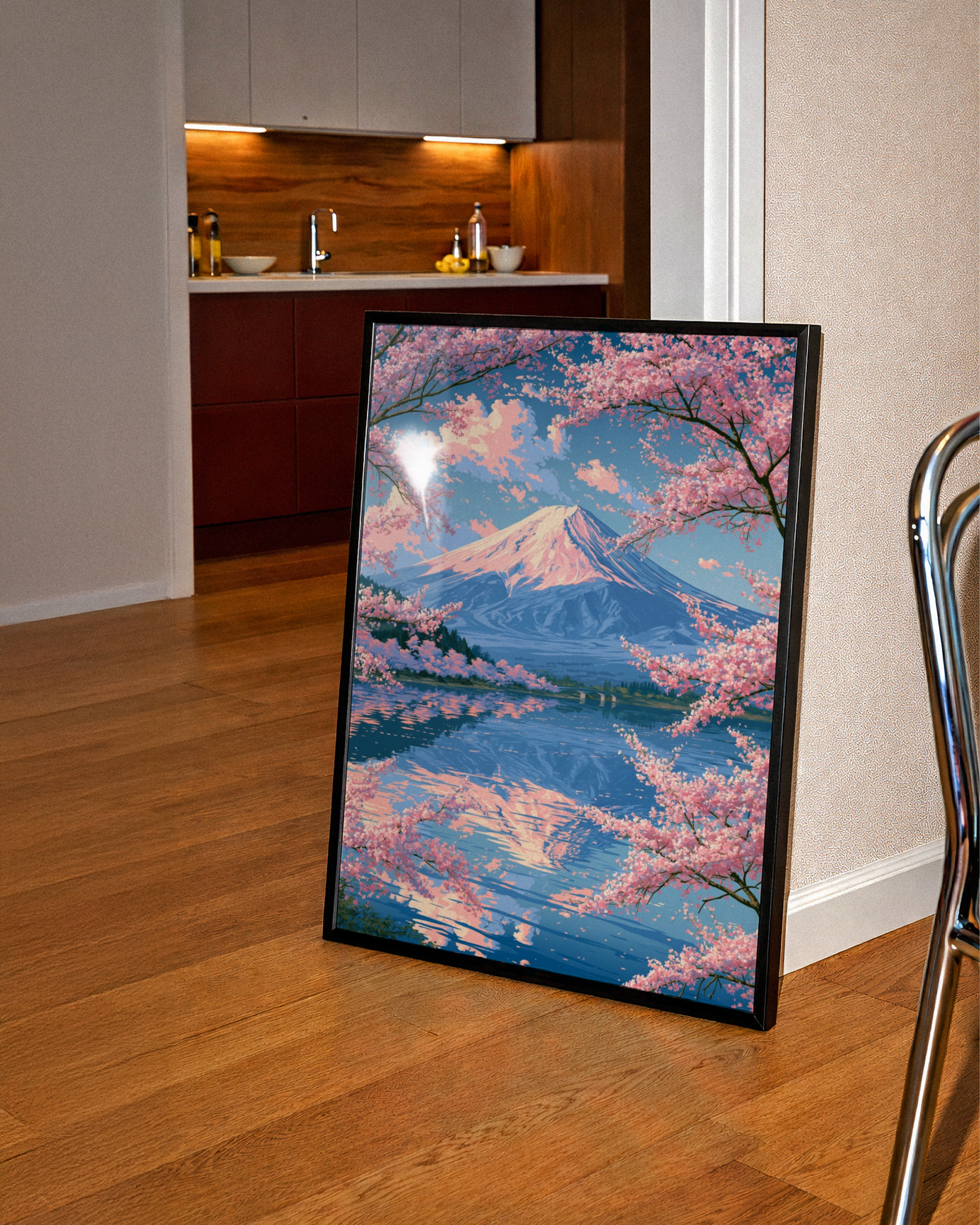 Mount Fuji Cherry Blossom Poster, Japan Lake Reflection Wall Art, Sakura Print