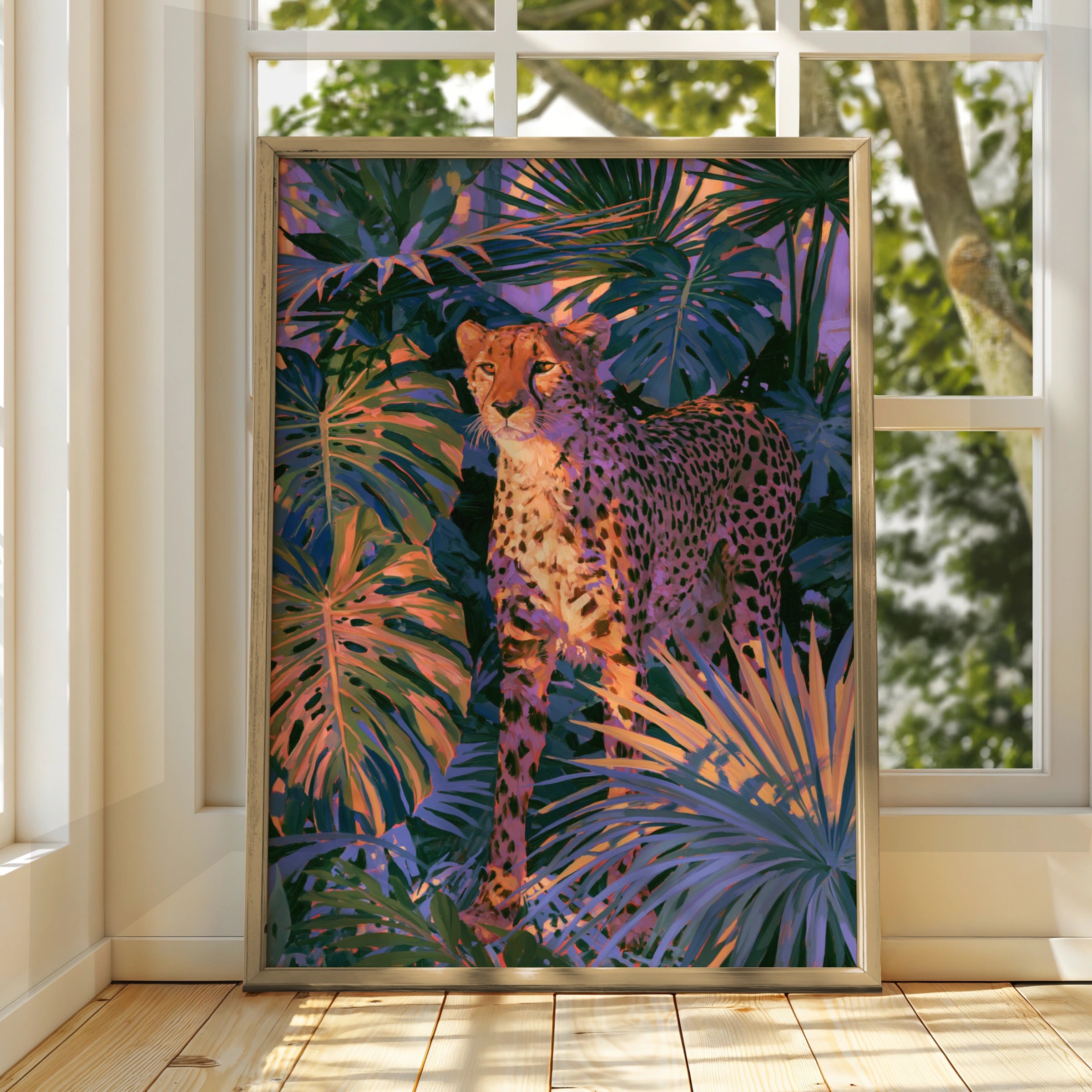 Cheetah Sunset Tropical Plants Poster, Bold Jungle Wildlife Wall Art Print