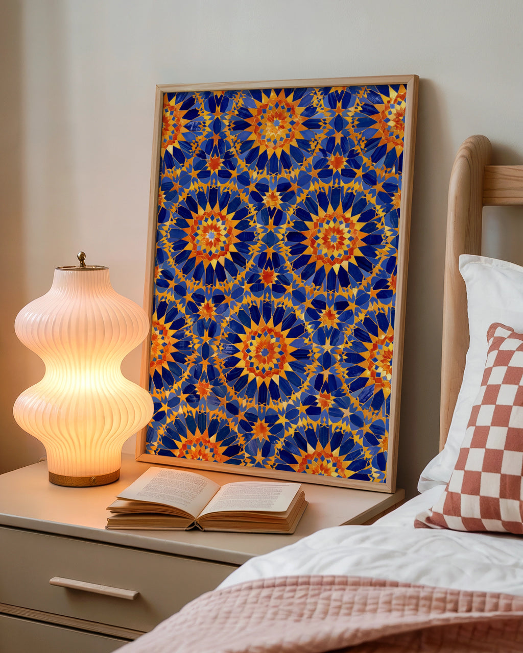 Moroccan Tile Pattern Poster, Blue Orange Geometric Wall Art Print