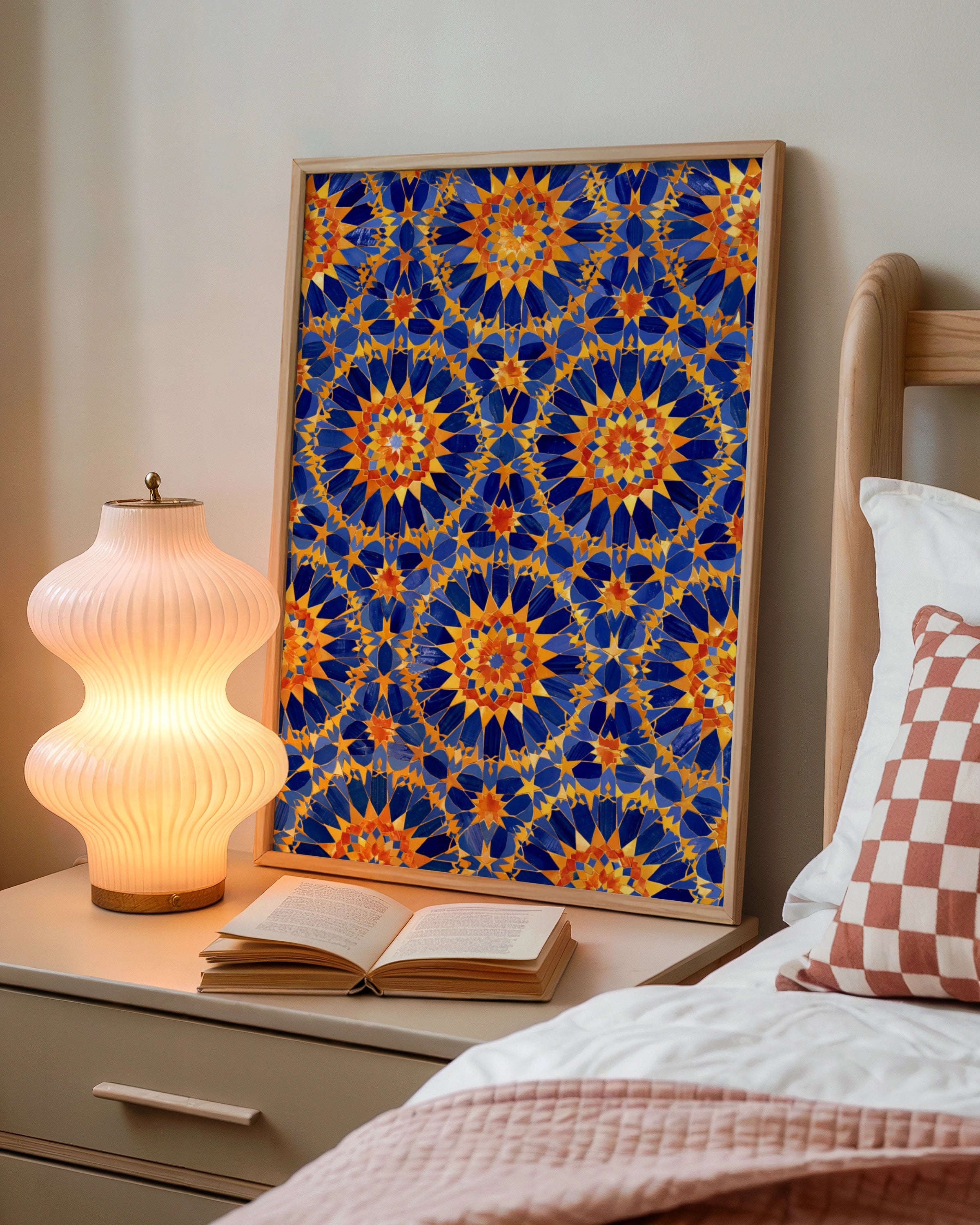 Moroccan Tile Pattern Poster, Blue Orange Geometric Wall Art Print