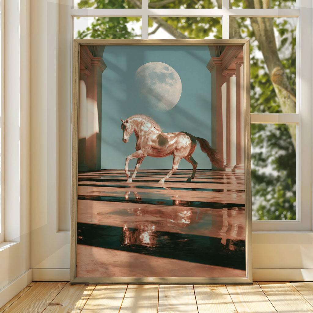 Horse Moon Hall Water Reflection Poster, Surreal Equine Art Print
