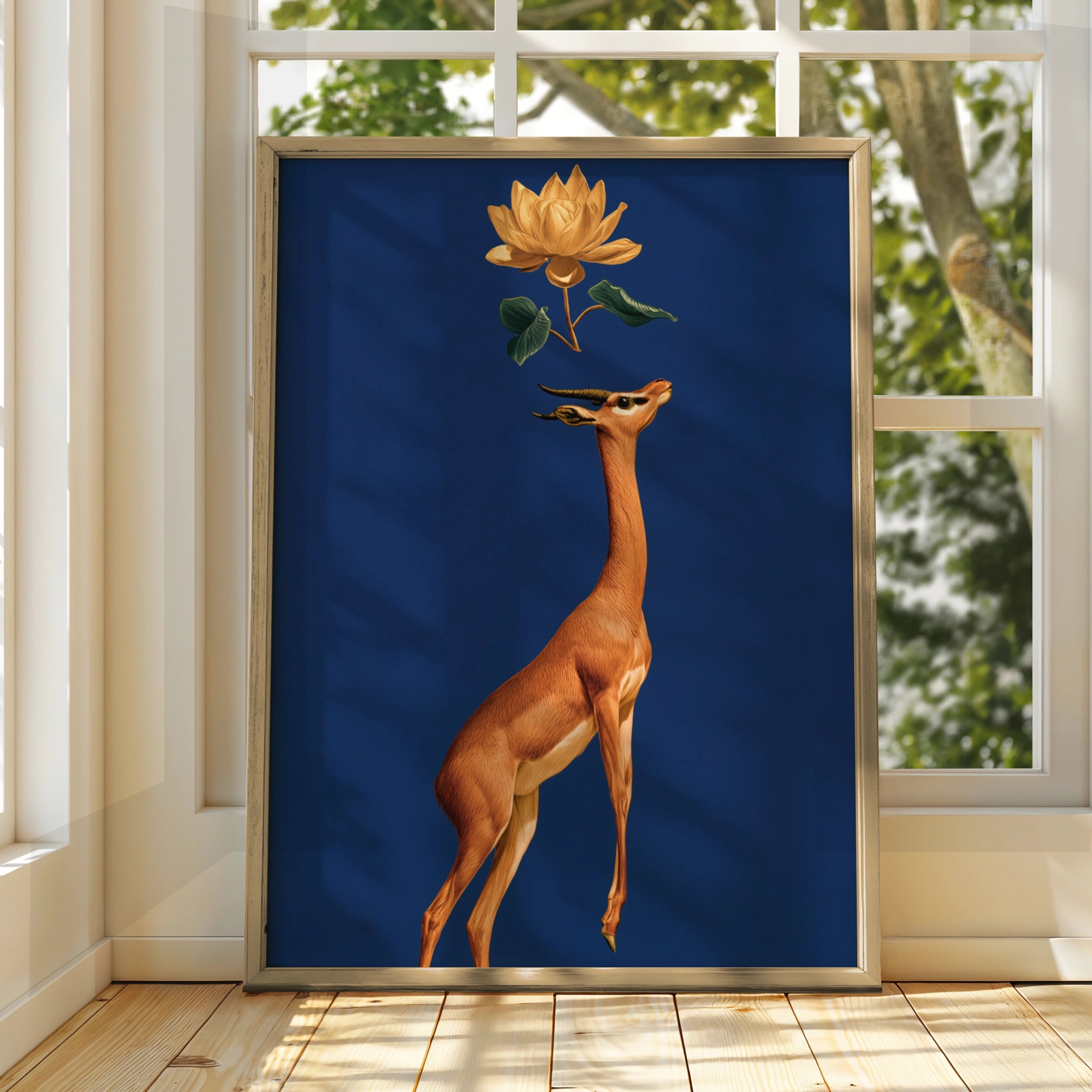 Gerenuk Antelope Lotus Flower Poster, Navy Blue Gold Wildlife Art Print
