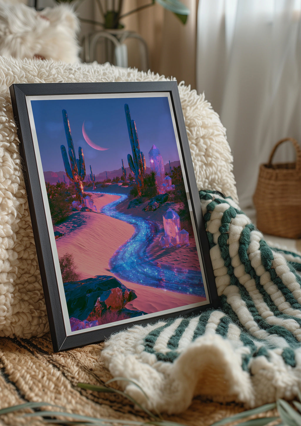 Crystal Desert Cactus Wall Art Poster, Surreal Moonlit Fantasy Print