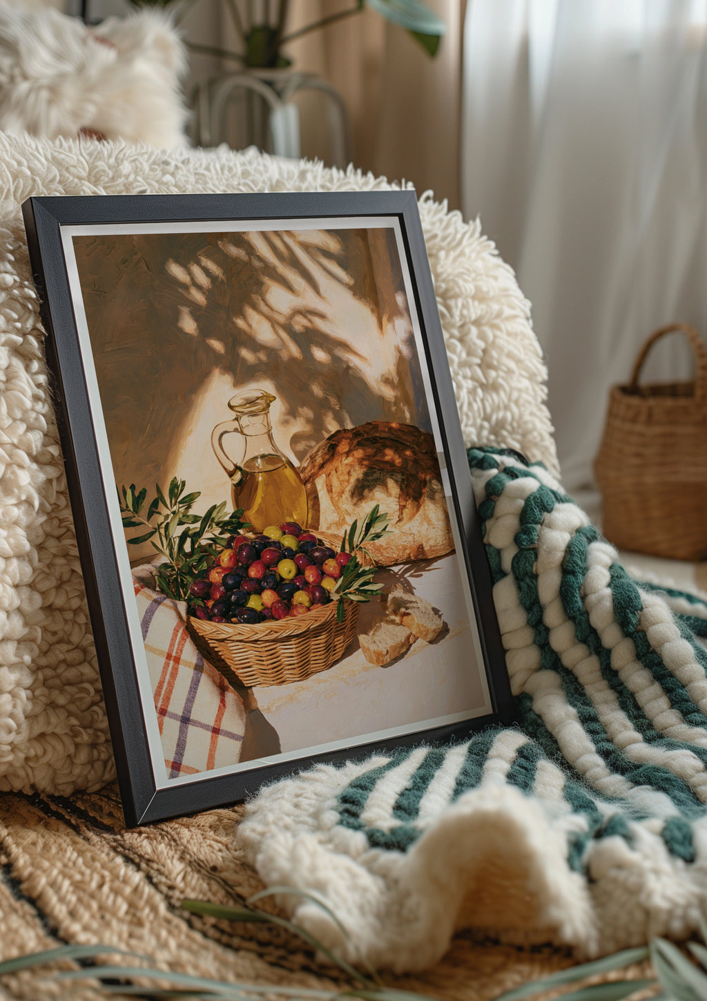 Olives Bread Olive Oil Still Life Poster, Mediterranean Kitchen Wall Art, Sun-Drenched Oil Painting Print