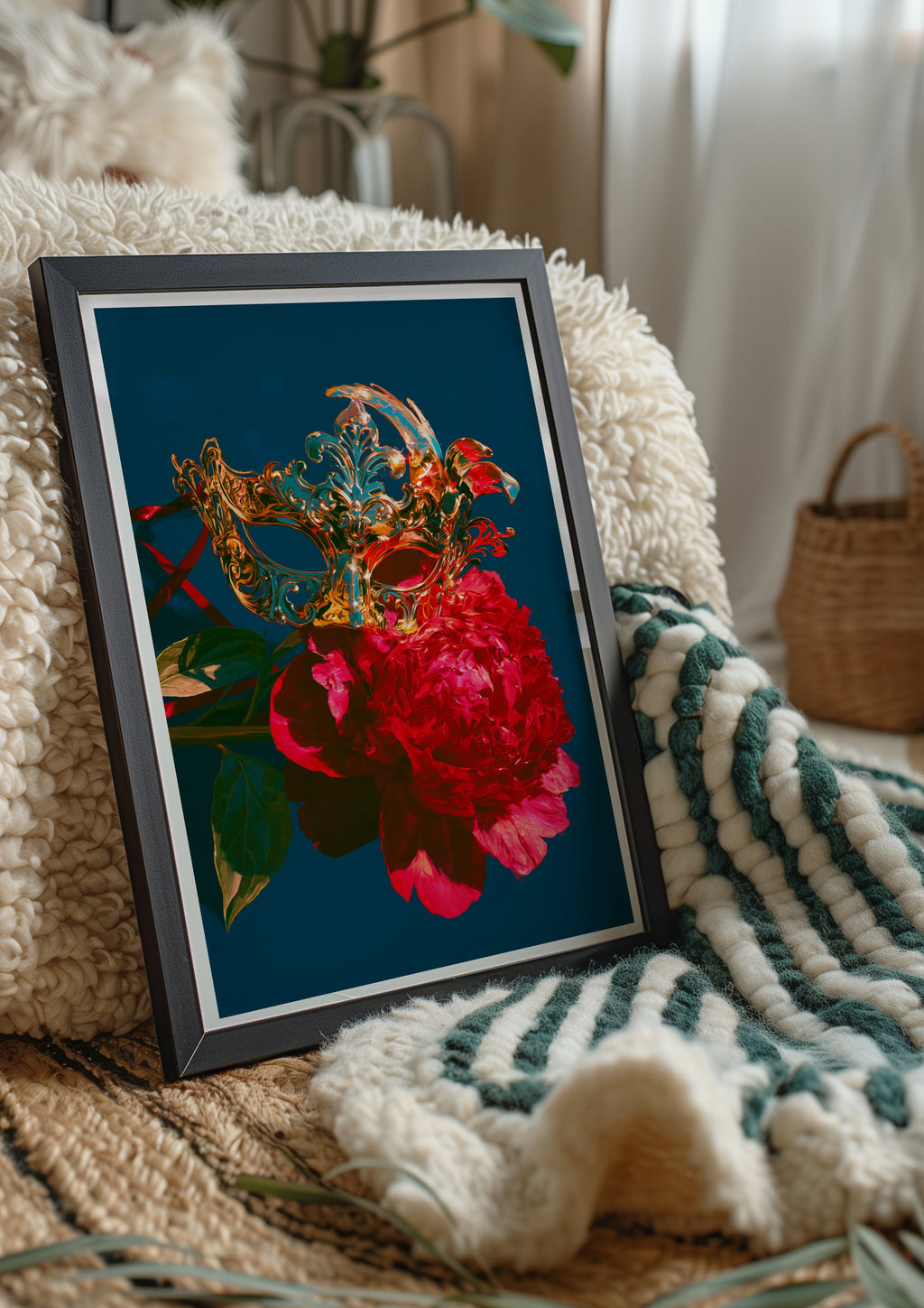 Venetian Mask Rose Wall Art Poster, Gold Masquerade Dark Floral Print