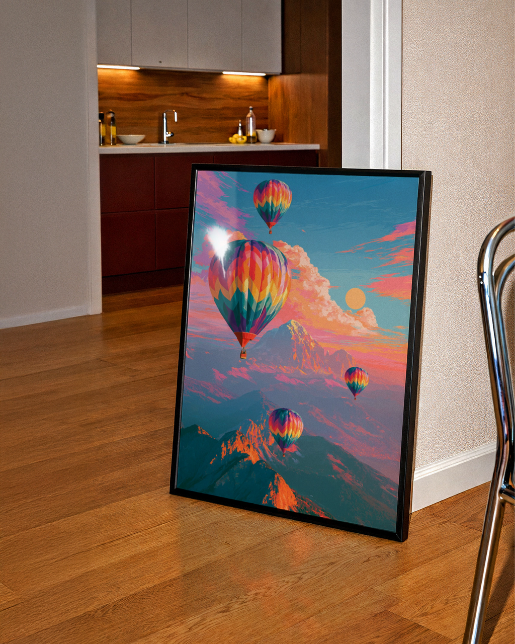 Hot Air Balloons Over Mountains Poster, Colourful Sky Art Print