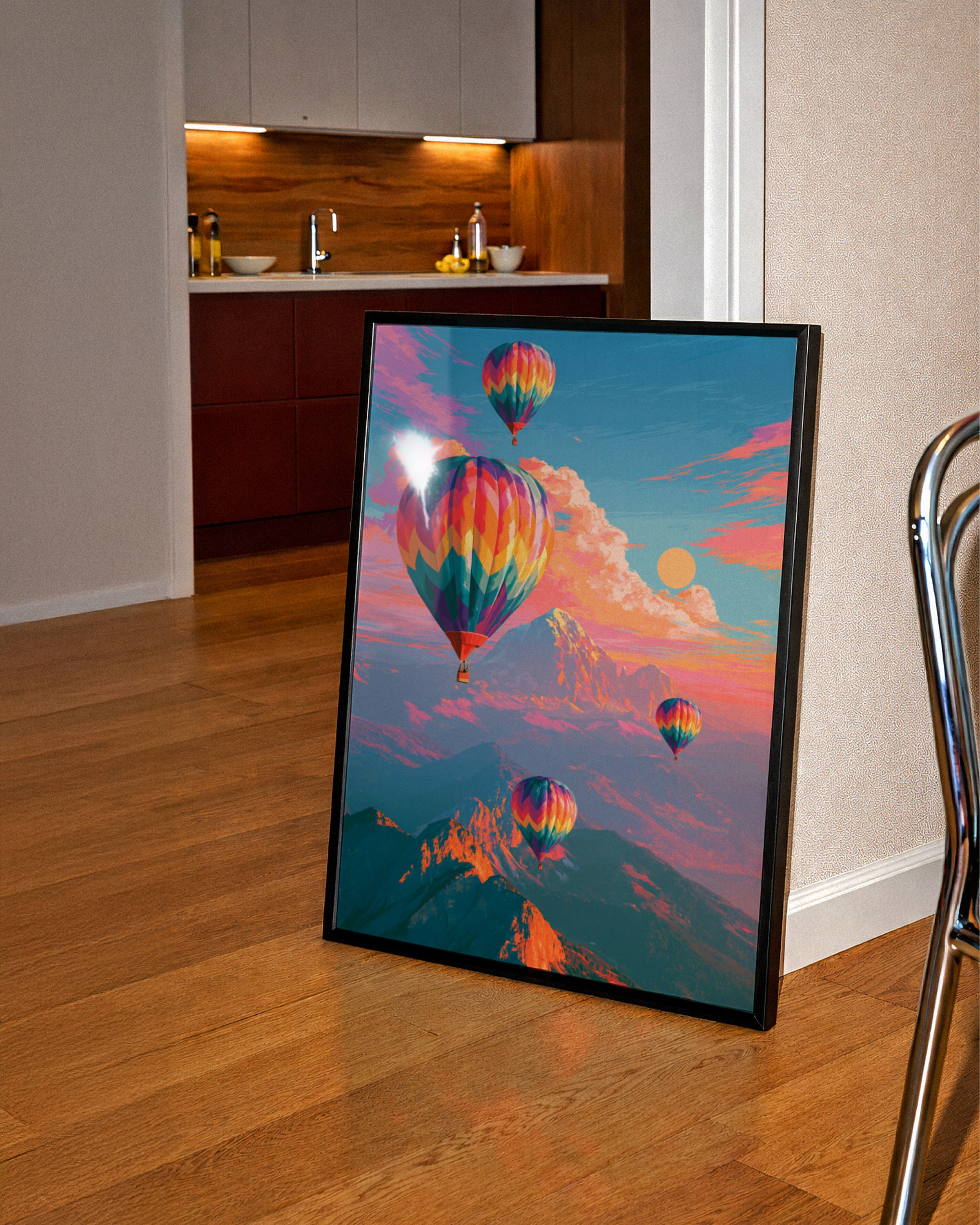 Hot Air Balloons Over Mountains Poster, Colourful Sky Art Print
