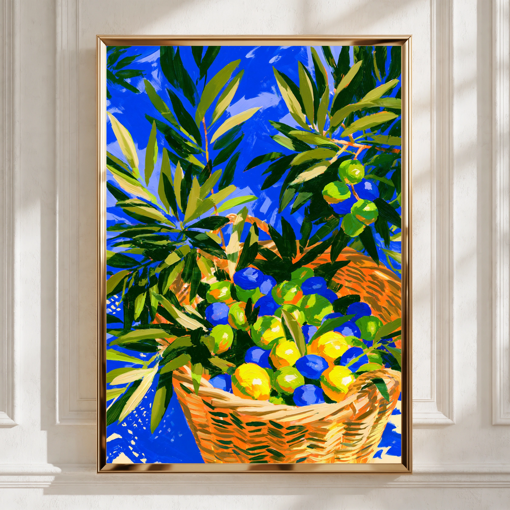 Olive Branch Basket Poster, Bold Blue Mediterranean Wall Art Print