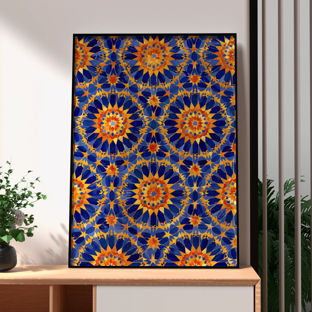 Moroccan Tile Pattern Poster, Blue Orange Geometric Wall Art Print