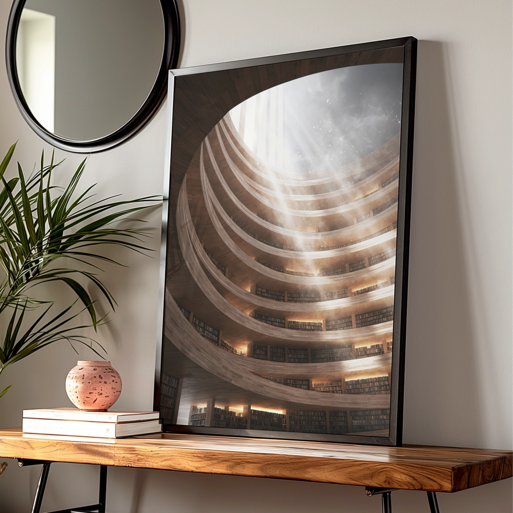 Grand Library Sunray Interior Poster, Circular Bookshelf Architecture Print