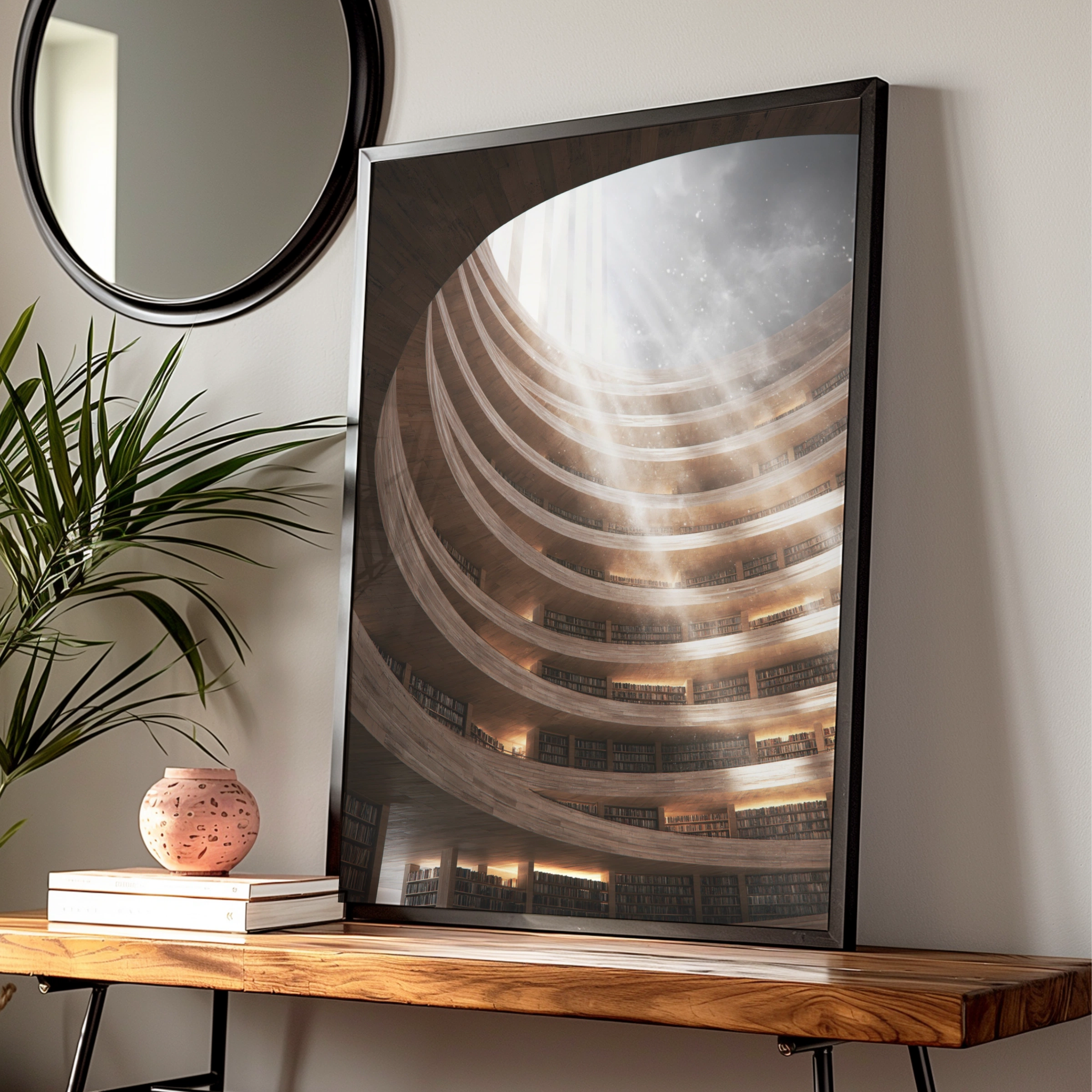 Grand Library Sunray Interior Poster, Circular Bookshelf Architecture Print