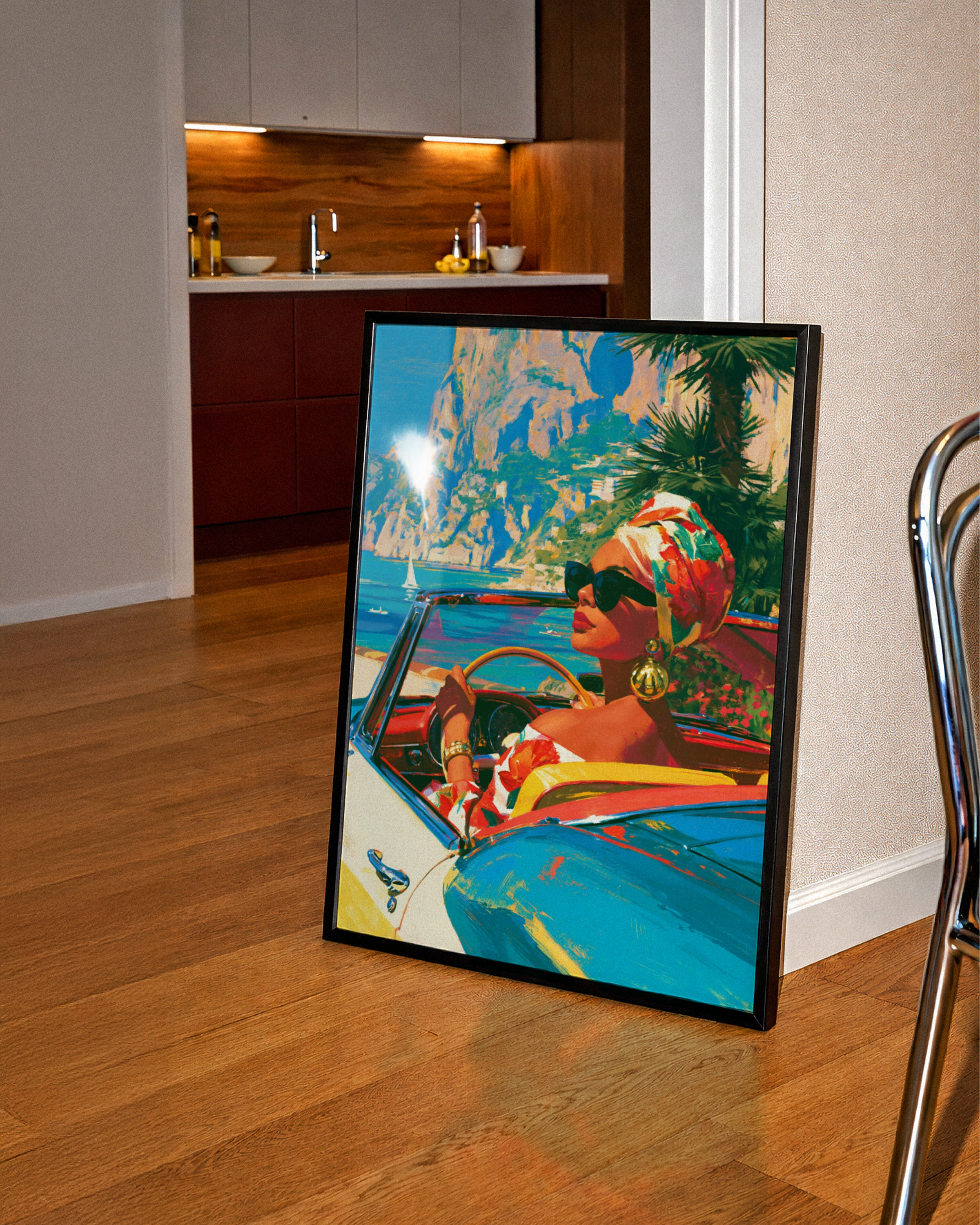 Woman in Convertible Car Coastal Italy Wall Art, Retro Travel Poster