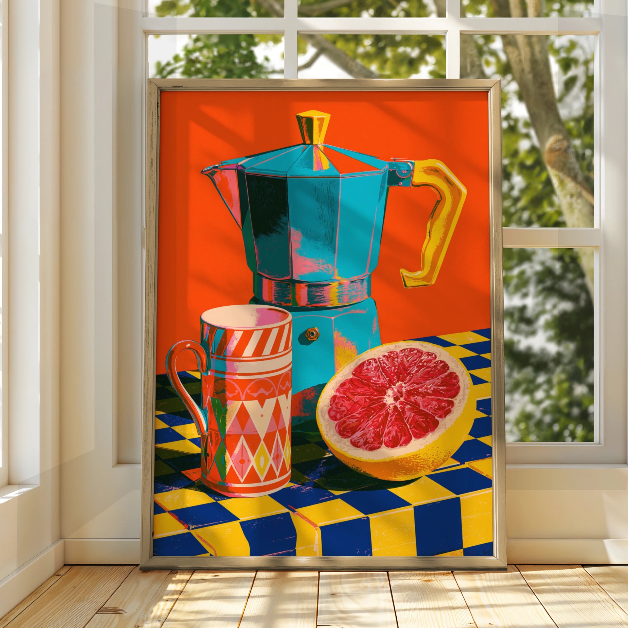 Moka Pot Coffee Print, Bold Pop Art Kitchen Poster, Colourful Still Life