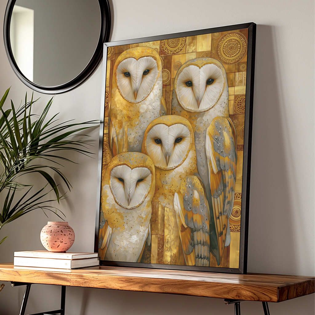 Barn Owls Poster, Golden Klimt Style Wall Art, Art Nouveau Bird Print