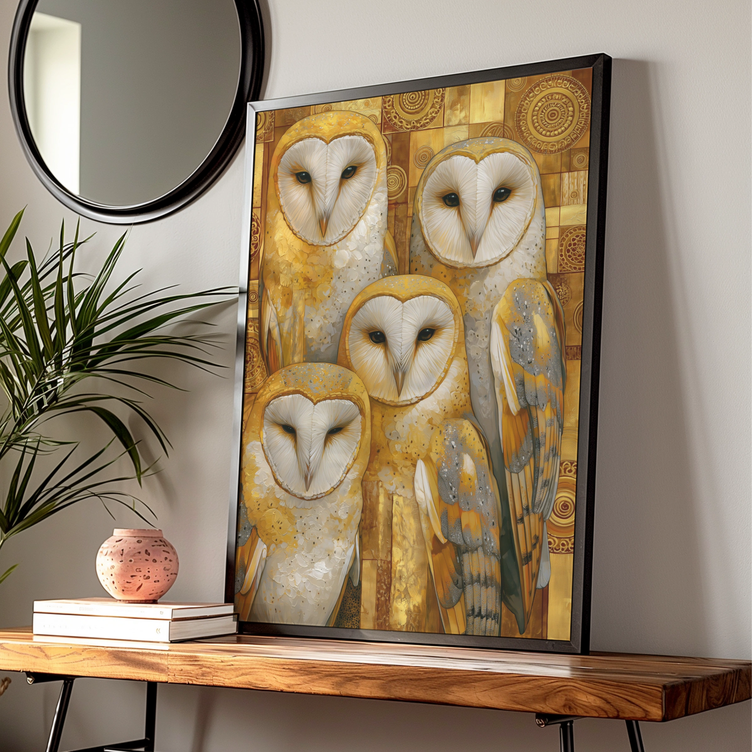 Barn Owls Poster, Golden Klimt Style Wall Art, Art Nouveau Bird Print