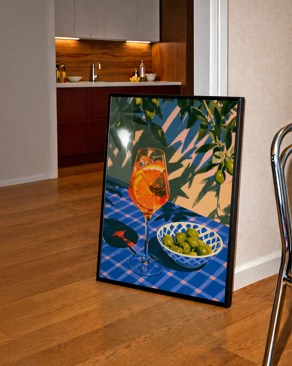 Spritz & Olives Poster, Italian Summer Cocktail Wall Art, Blue Bold Print