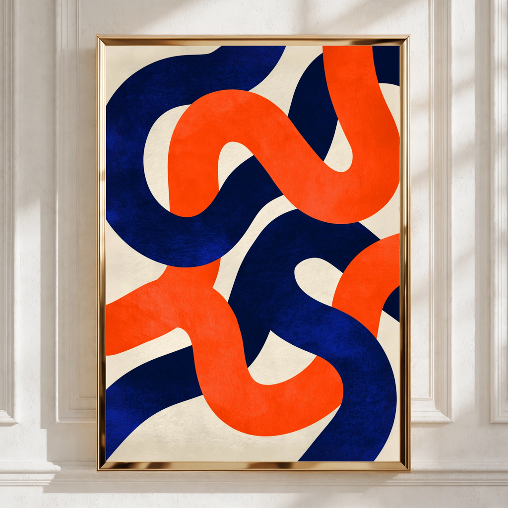 Abstract Swirl Pattern Poster, Red Blue White Bold Curves, Modern Wall Art