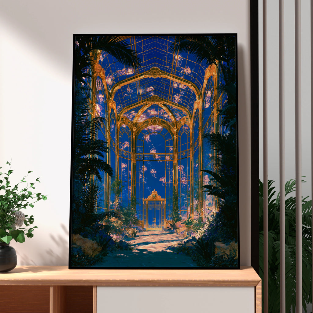 Underwater Glass House Jellyfish Poster, Baroque Greenhouse Art Print, Fantasy Ocean
