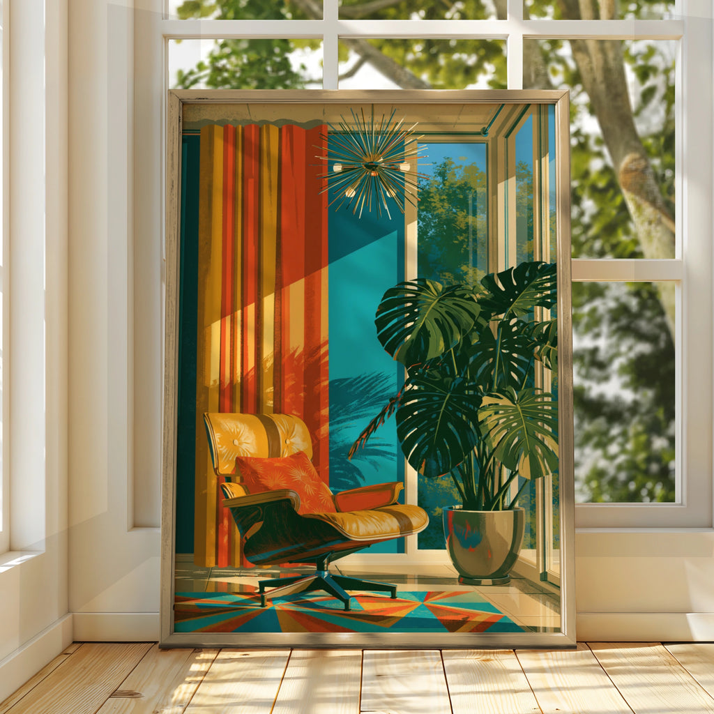 Mid Century Modern Living Room Poster, Retro Lounge Chair, Monstera Plant Print