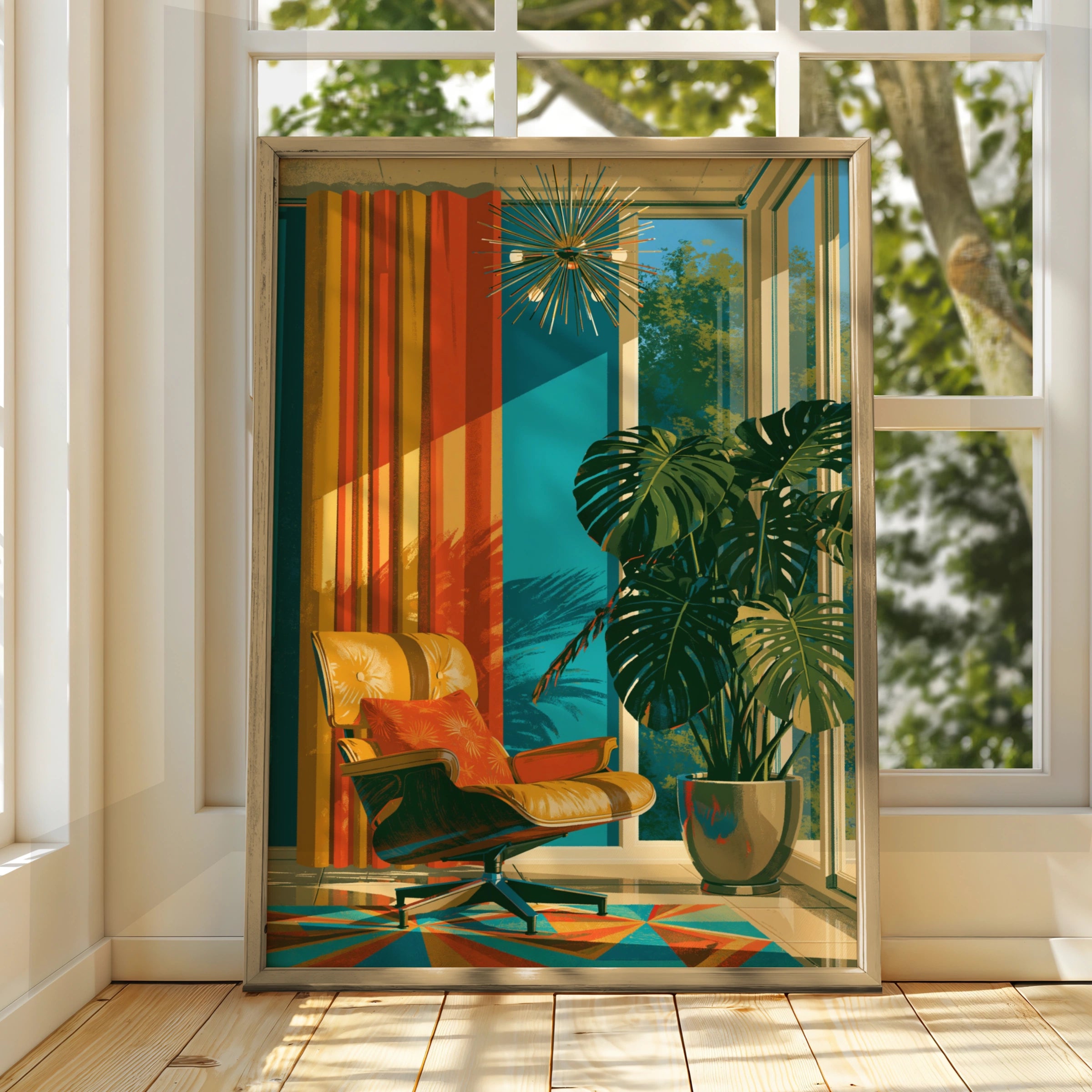 Mid Century Modern Living Room Poster, Retro Lounge Chair, Monstera Plant Print