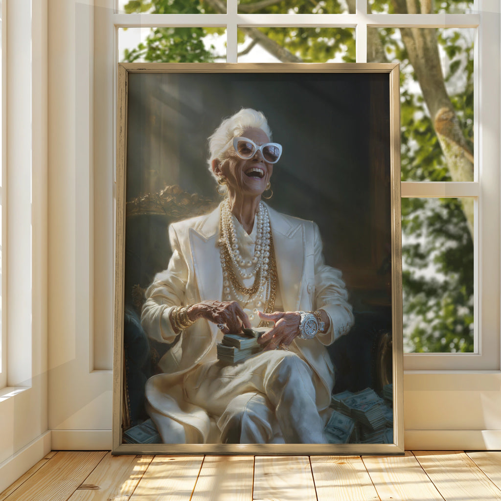 Glamorous Grandma Counting Money Poster, Funny Wealthy Older Woman Wall Art
