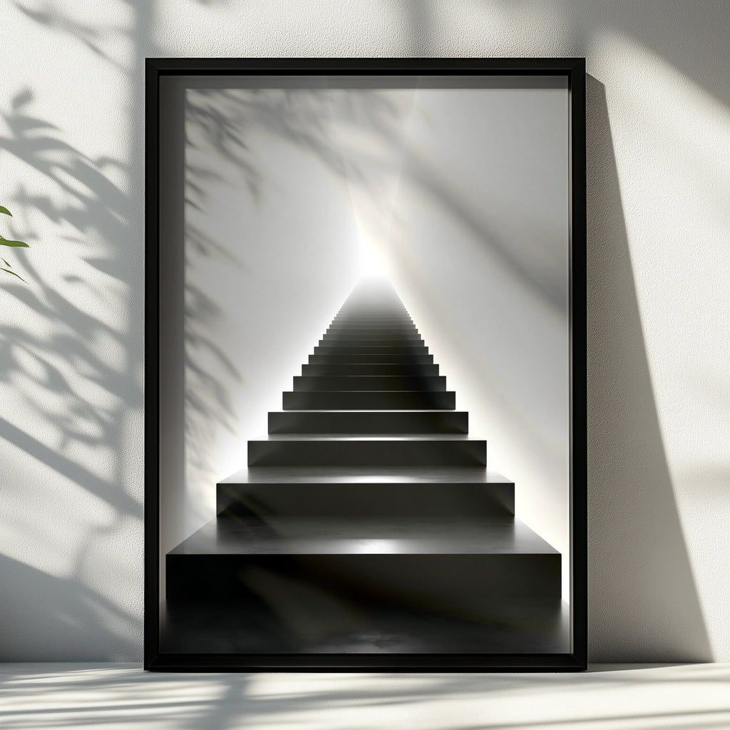 Black Stairway to Light Poster, Minimalist Architecture Print, Monochrome Wall Art