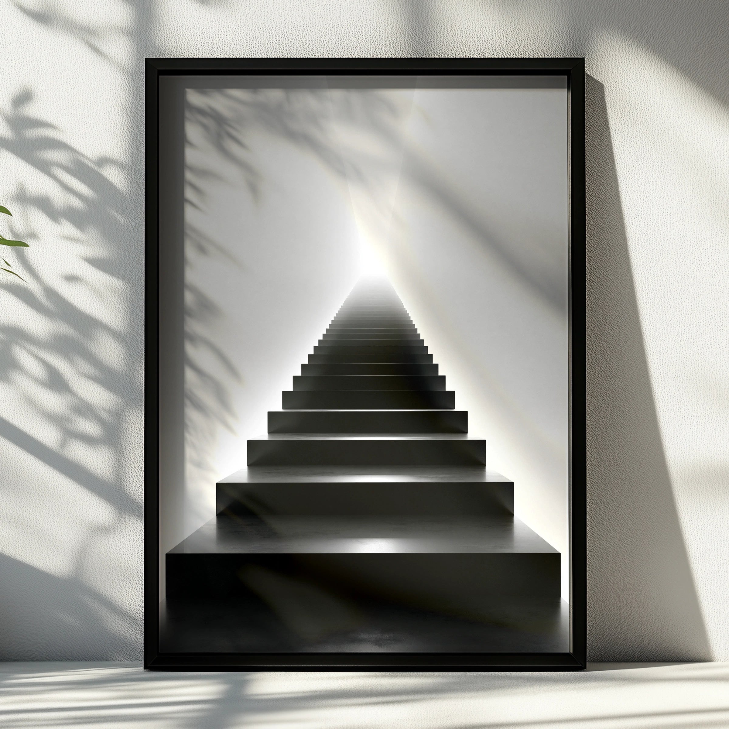 Black Stairway to Light Poster, Minimalist Architecture Print, Monochrome Wall Art