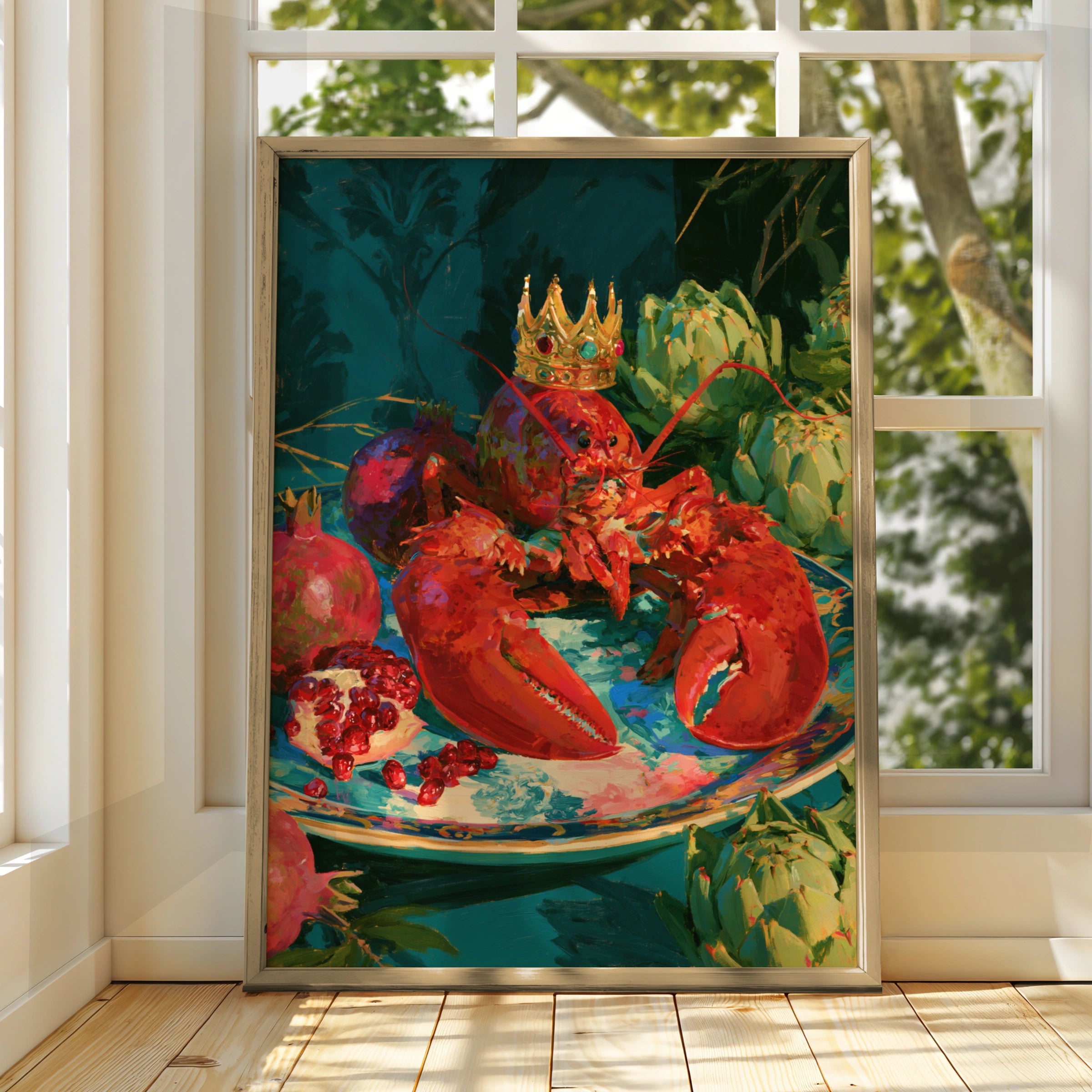 Crowned Lobster Artichokes Still Life Poster, Bold Maximalist Wall Art Print