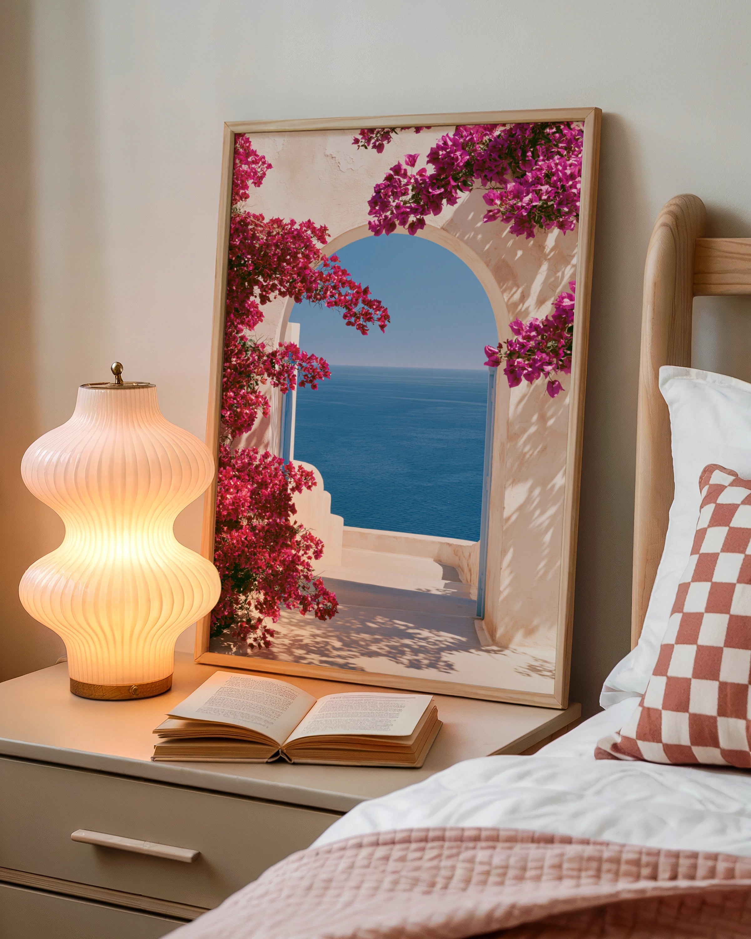 Mediterranean Arch Bougainvillea Sea View Poster, Greek Island Wall Art