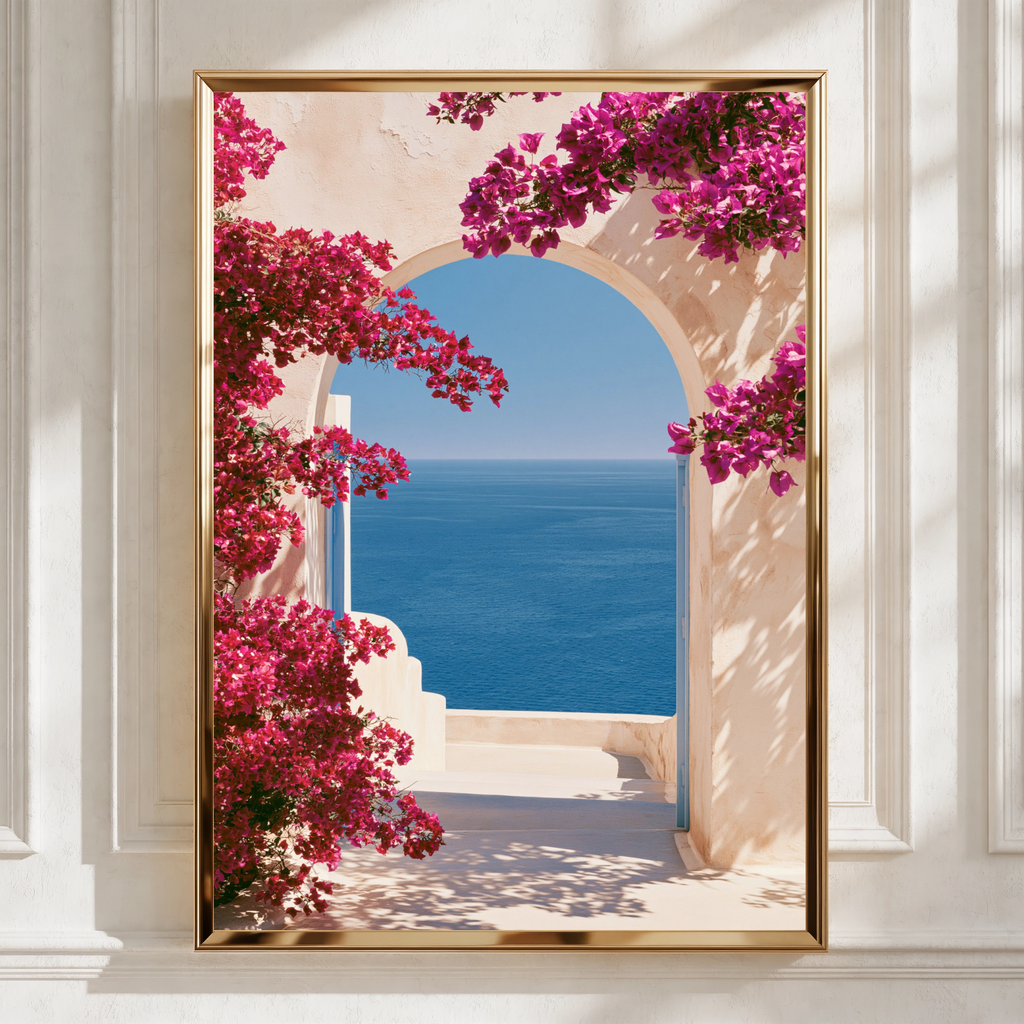 Mediterranean Arch Bougainvillea Sea View Poster, Greek Island Wall Art