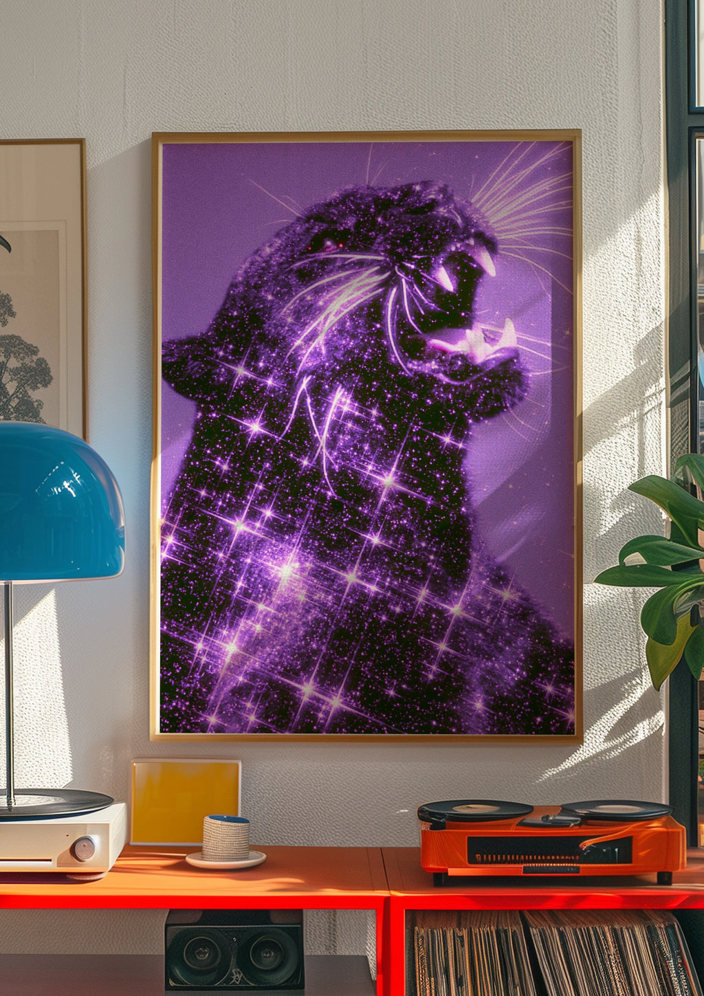 Black Panther Star Purple Poster, Glitter Big Cat Wall Art, Bold Maximalist Print