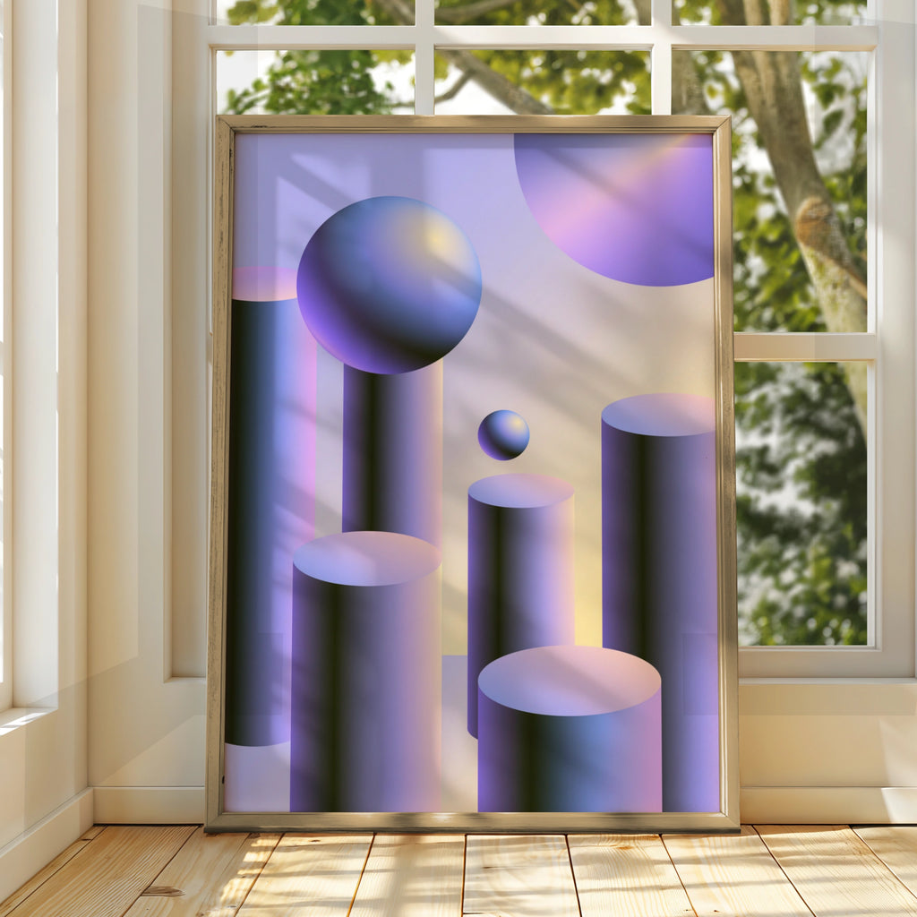Purple Abstract Geometric Shapes Poster, 3D Spheres Cylinders Wall Art Print