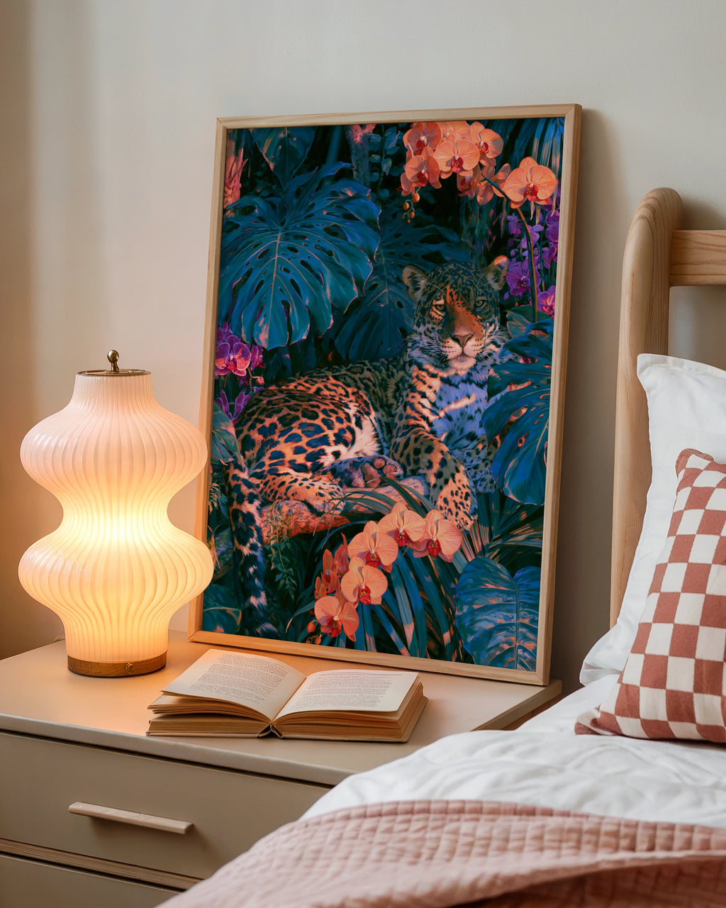 Jaguar Orange Orchids Tropical Jungle Poster, Wild Cat Art Print
