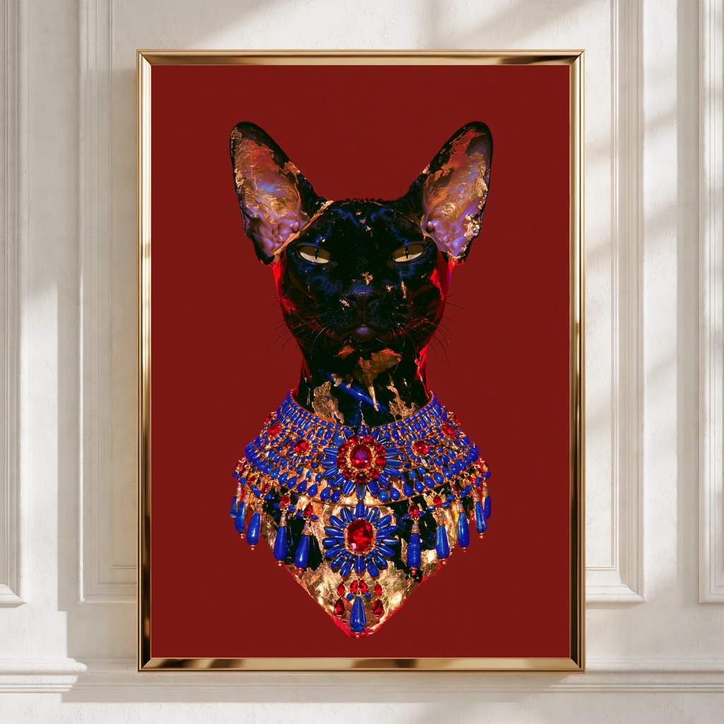 Bastet Egyptian Cat Goddess Poster, Dark Jewelled Art Print, Maximalist Wall Art