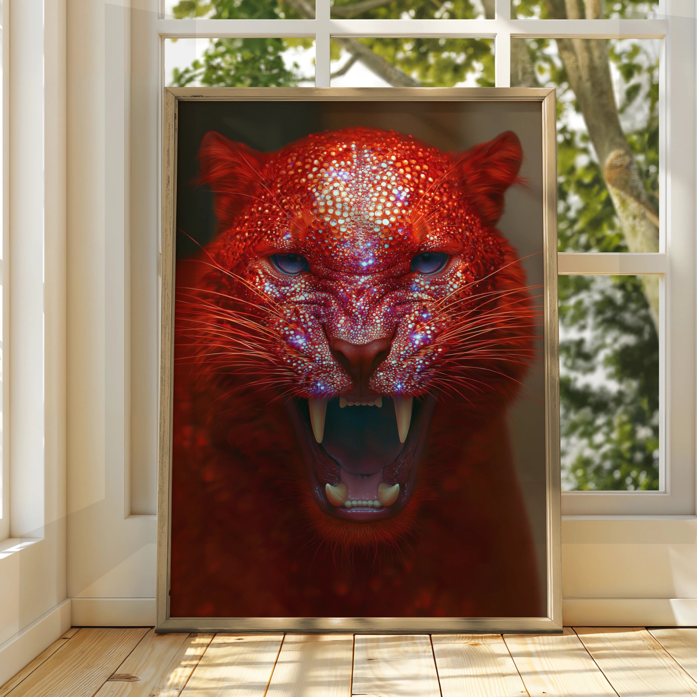 Red Glitter Tiger Roaring Poster, Crystal Big Cat Wall Art, Bold Modern Print