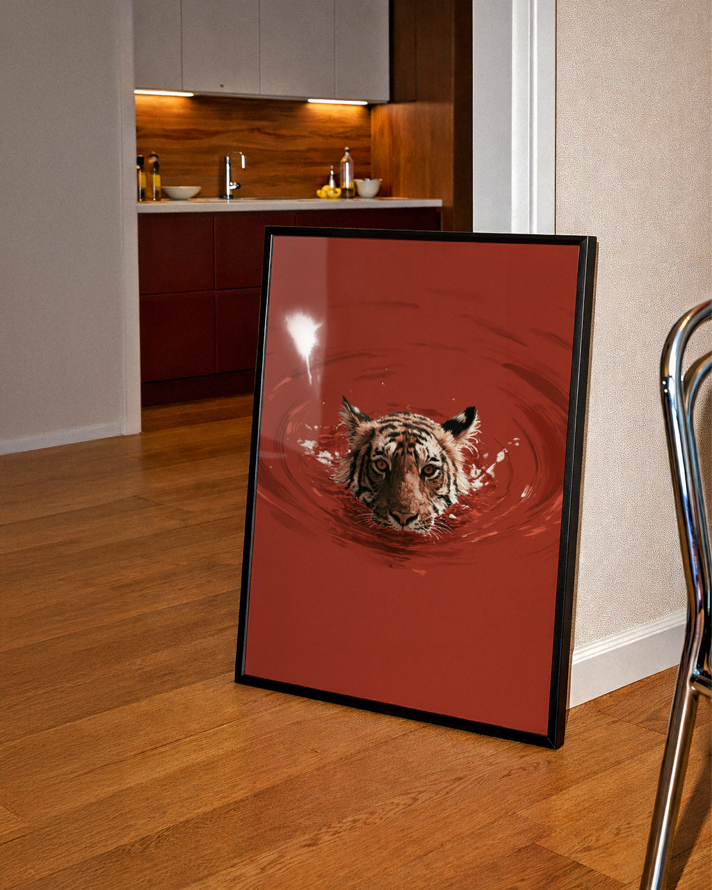 Tiger Swimming in Red Water Poster, Bold Wildlife Wall Art, Dramatic Animal Print