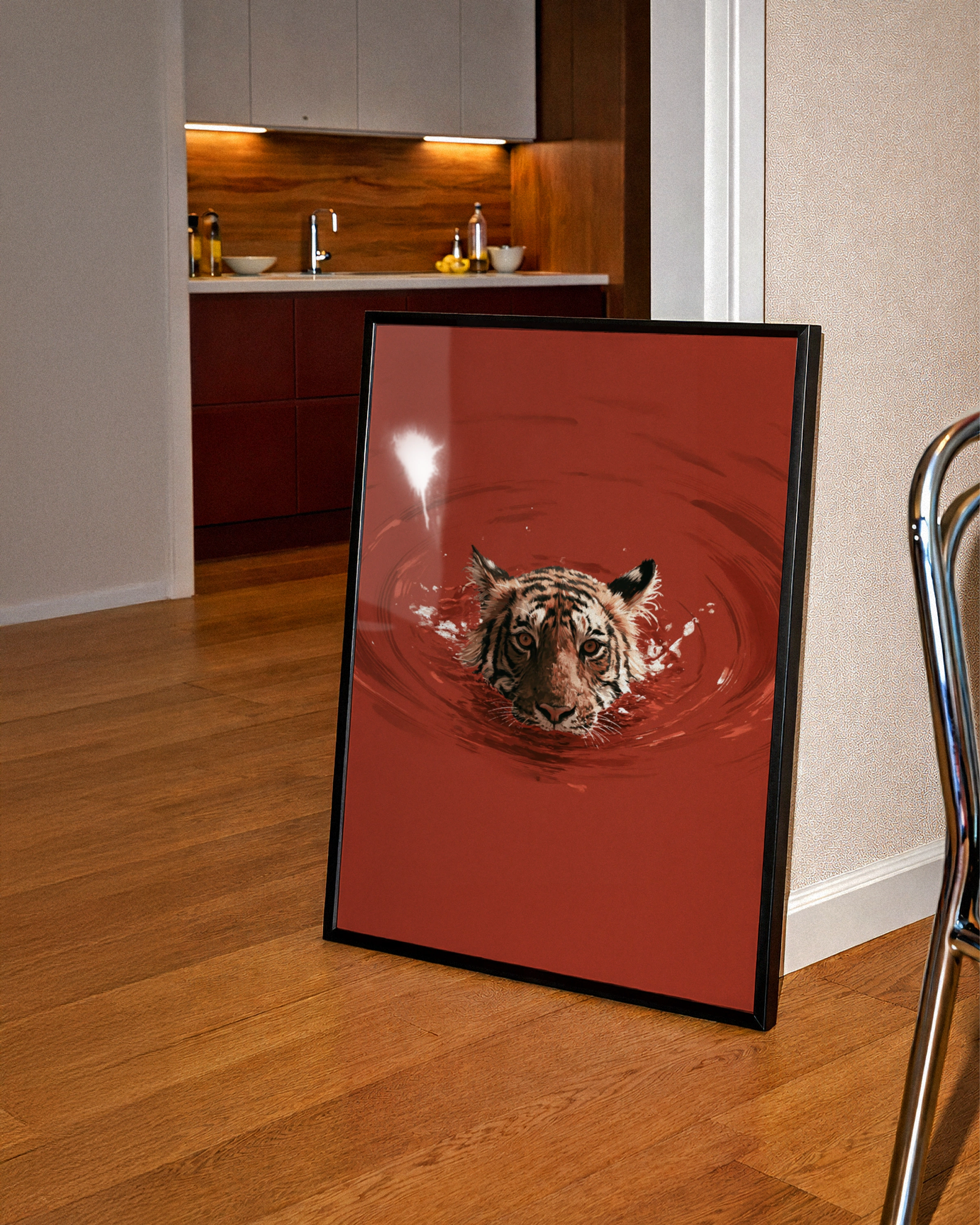 Tiger Swimming in Red Water Poster, Bold Wildlife Wall Art, Dramatic Animal Print