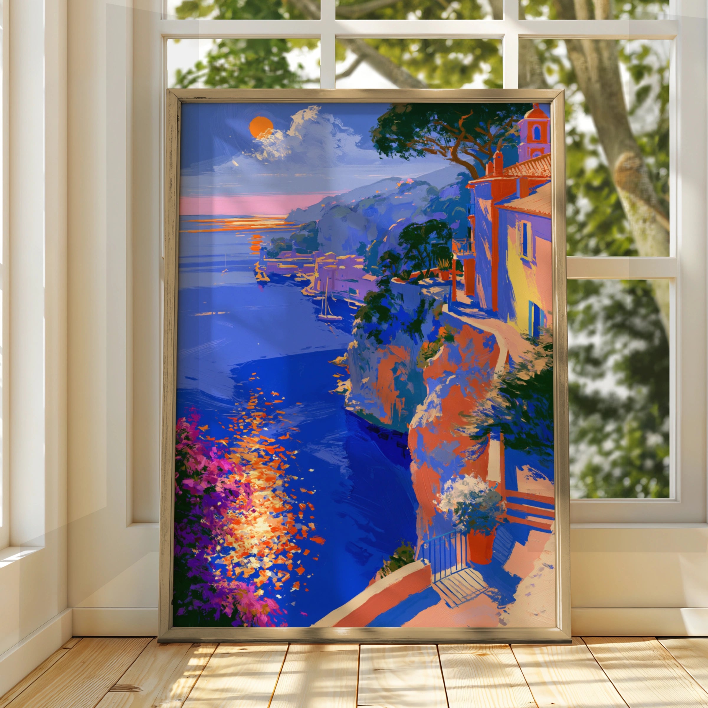 Mediterranean Seaside Sunset Wall Art Poster, Coastal Cliffside Print, Bold Colourful Style