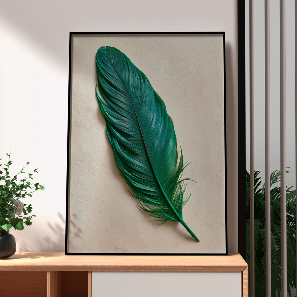 Green Feather Wall Art Poster, Teal Nature Print, Minimalist Botanical