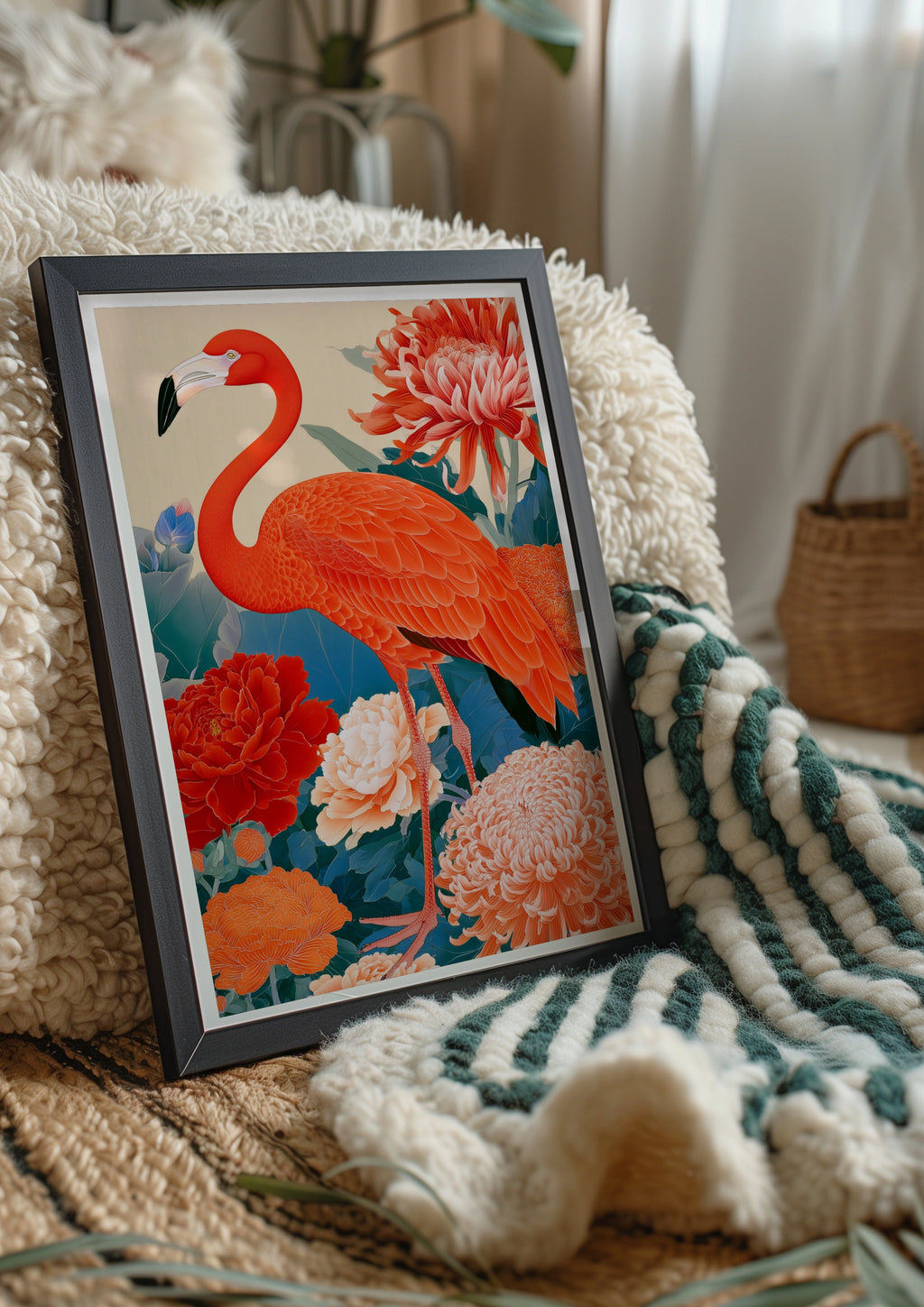 Flamingo Japanese Floral Poster, Botanical Bird Art Print, Ukiyo-e Style