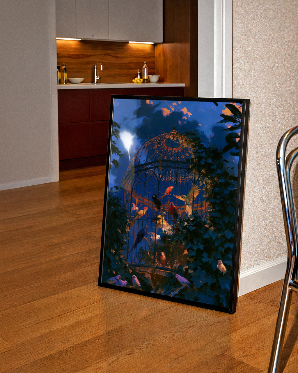Aviary Parrots Poster, Ornate Birdcage Art Print, Dramatic Twilight Sky