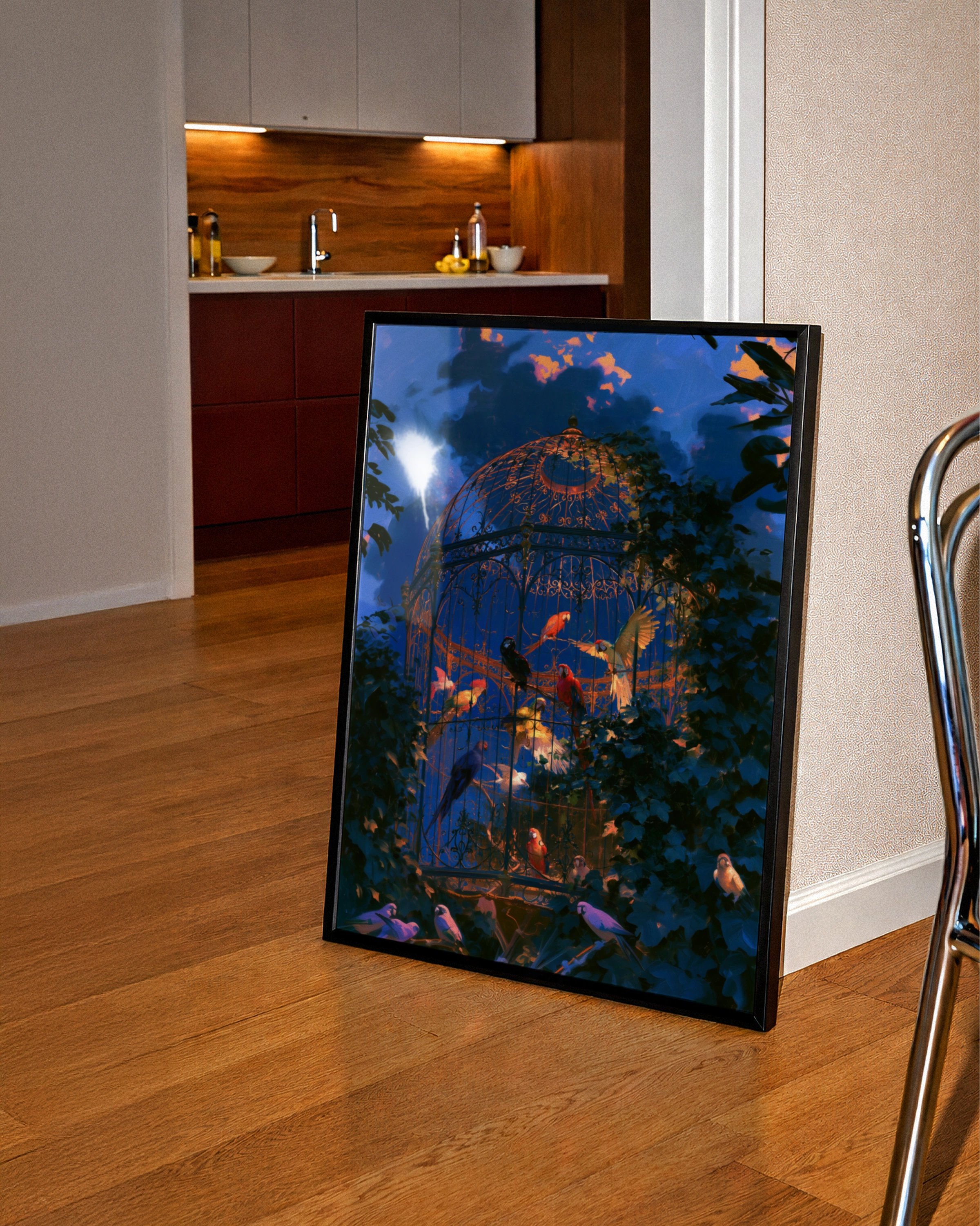 Aviary Parrots Poster, Ornate Birdcage Art Print, Dramatic Twilight Sky